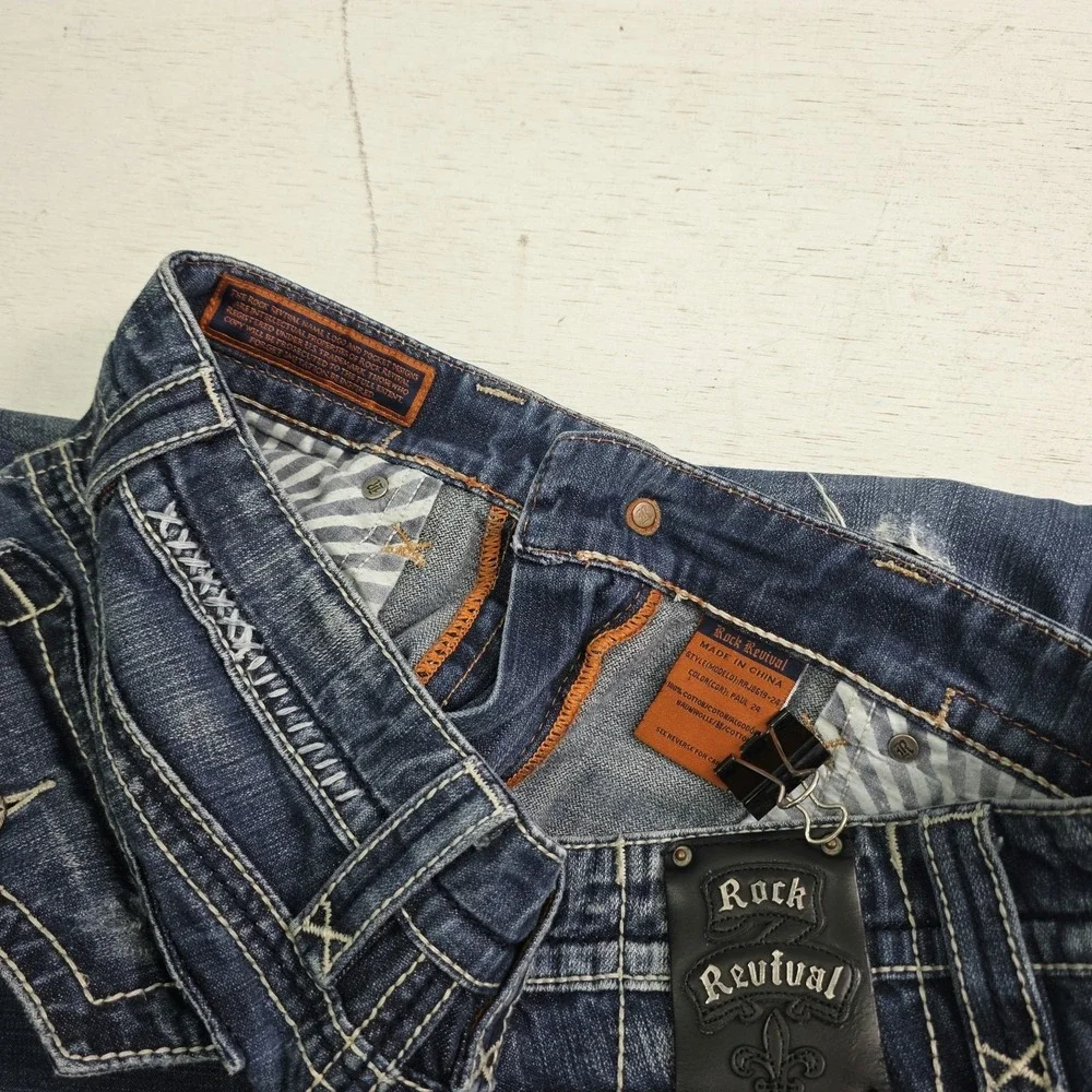 Rock Revival Paul Straight Jeans Men's 32x29 Distressed Dark Wash Thick Stitch